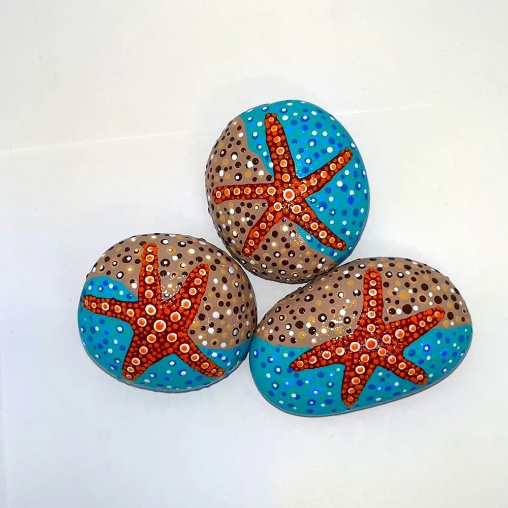 Mandala Art Stones, Trio of Starfish on the Beach